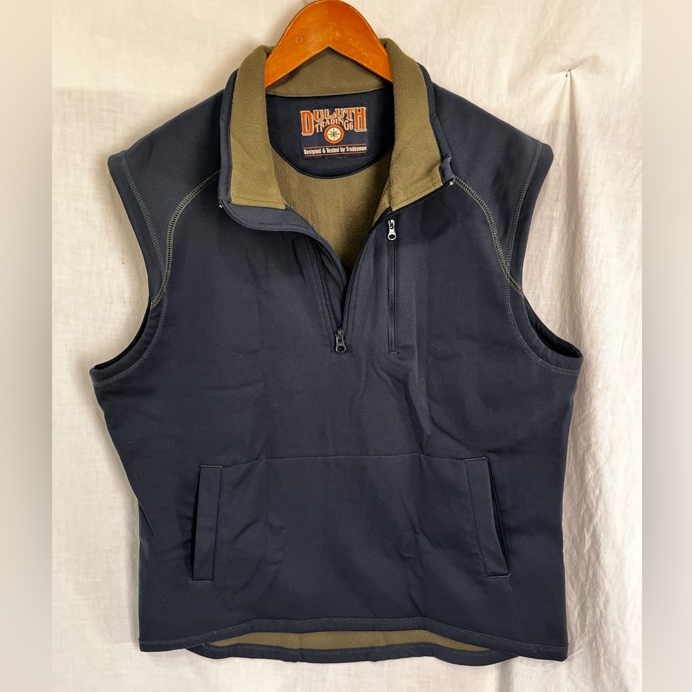 Duluth Trading Co Mens Threshold Fleece Quarter Zip Vest Blue Kangaroo Pocket L